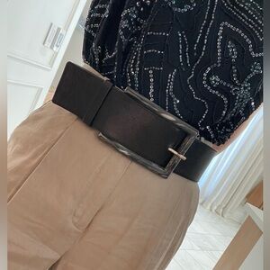 Suzi Roher Black Leather Large Marbled Resin Belt with Stretch